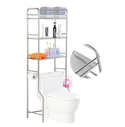 susunnus Over The Toilet Storage 3 Tier,Stainless Steel,for Toilet,Bathroom | Freestanding Space Saver,Rust Proof,with Anti-slip Feet,Paper Rolling and Towel hooks,Bathroom Shelf Over Toilet,Laundry Rack - size: M-size