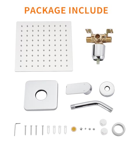 Shower Faucet Single Function Trim Kit with Rough-in Valve Set Bath Rainfall Shower System 8inch Square Stainless Steel Metal Shower Head Polished Chrome - color: Polished Chrome