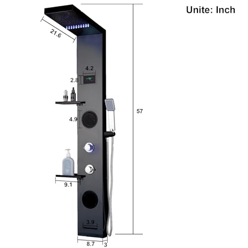 LED Black Shower Panels Tower System with Storage Shelf, LCD Temperature Display 304 Stainless Steel with Rainfall Shower Head with Handheld Massage Body Jets Bathroom Matte Waterfall Bathtub - color: Matte Black