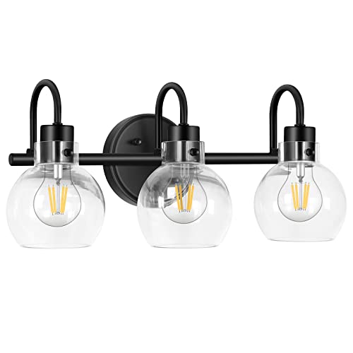 Bathroom Light Fixtures, Black 3 Lights Vanity Light, Farmhouse Wall Sconces with Globe Glass Shade, Porch Wall Mount Lamp for Mirror, Kitchen, Porch Living Room Workshop (E26 Base) | Farmhouse Wall Sconces with Clear Globe Glass Shade, Wall Mount Lamp fo
