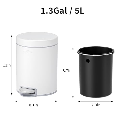 mVm Small Trash Can,1.3 Gallon/5 Lliter Step Bathroom Garbage Can with Lid and Foot Pedal,Soft-Close,Anti-Fingerprint.Round Stainless Steel Trash Can for Bathroom,Office,Living Room (Matte White) - color: White, size: 1.3Gal/5L