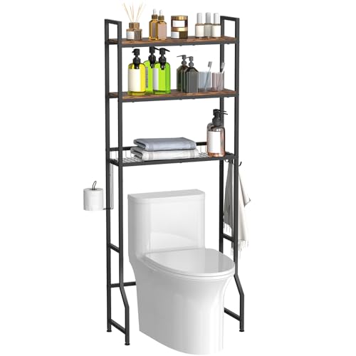 Over the Toilet Storage Cabinet Bathroom Storage Above Toilet | Over the Toilet Shelf, with Paper Holder and 4 Hooks, with Metal Frame, Space-Saving, Large Capacity Storage, Brown - color: Brown