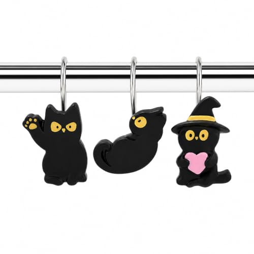 Witch Cat Shower Curtain Hooks Set of 12, Resin Bathroom Rings | Adorable witch hat cat shower curtain hooks with hand-painted resin and smooth-gliding rust-resistant metal rings. - color: Black Witch Cat
