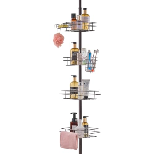VEVOR Corner Shower Caddy Tension Pole, 4 Tier Adjustable Rustproof Organizer Shelves for Bathroom & Washroom, 42-114inch High, Bronze