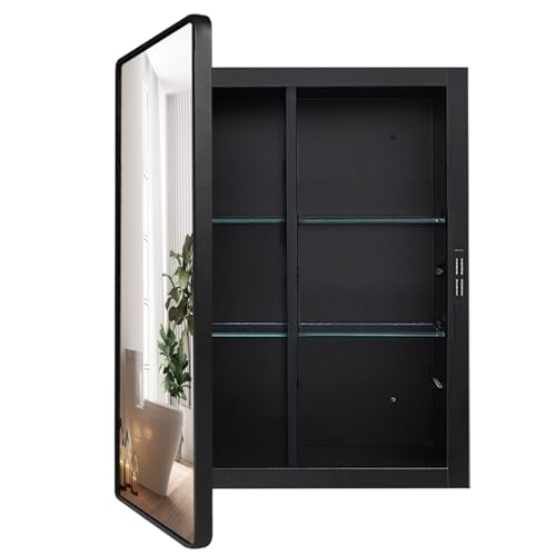 Black Medicine Cabinet 20x30 inch, Bathroom Mirror with Storage, Recessed or Wall Mounted Farmhouse Cabinets, Metal Framed Adjustable Shelves, One Door Open Left or Right - size: 20x30