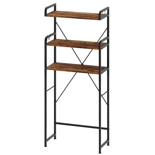 Over The Toilet Storage Cabinet, 3-Tier Bathroom Organizers and Storage with Hooks, Freestanding Shelf Toilet Rack, Small Bathroom Laundry Space Saver with Towel Rack & Toilet Paper Holder(Brown)
