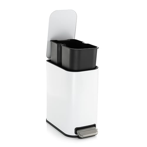 RED FACTOR Slim Small 1.3 Gallon Stainless Steel Pedal Trash Can with Soft Close Lid for Narrow Spaces – Wastebasket Bin with Removable Inner Bucket - color: Metallic White