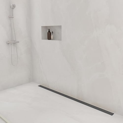 48 Inch Linear Shower Drain-Matte Black, with Tile Insert Grate | AISI 304 Stainless Steel Shower Drain, Rectangle Shower Floor Drain with Leveling Feet, Fits Bathroom & Balcony etc - color: Matte Black, size: 48 Inch