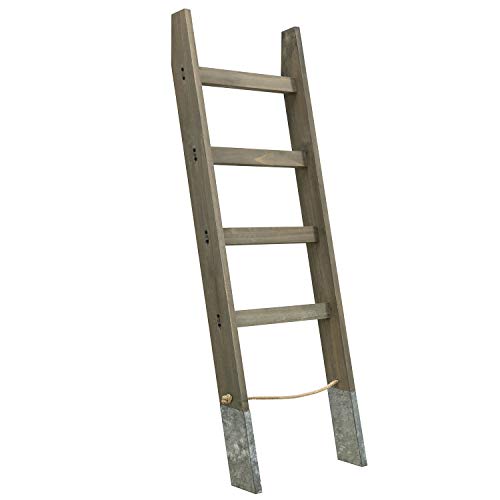 MyGift 55'' Wood Wall Leaning Blanket Ladder with 4 Rung, Farmhouse Living Room and Bathroom Towel Rack with Decorative Rustic Galvanized Silver Metal Legs and Rope - color: Gray Brown
