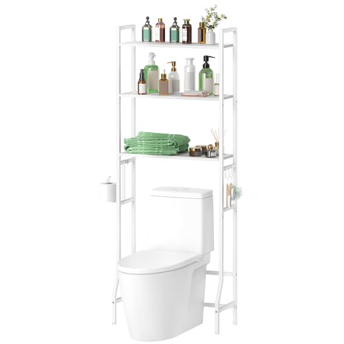 Over Toilet Storage 3-Tier Bathroom Shelf Organizer Multifunctional Above Toilet Storage Rack Freestanding Space Saver Behind the Toilet Shelf White Toilet Stand with Hooks and Toilet Paper Holder - color: White