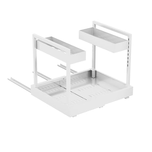 NEWMATIC Adjustable Under Sink Organizer Pull Out Drawers, 2-Tier Slide Out Cabinet Storage Shelf for Kitchen Sink, Height & Width Extendable White, 15''D x 13''-20.5''W x 15''H(1Pack)