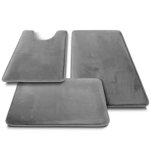 Clara Clark 3 Piece Bathroom Rugs, Velvet Memory Foam Bath Mat Set, Non-Slip Bath Rugs, Machine Wash, Dries Quickly, Ultra Soft Plush Bath Mats for Bathroom, 17 x 24/20 x 32 / Contour, Grey - color: Grey