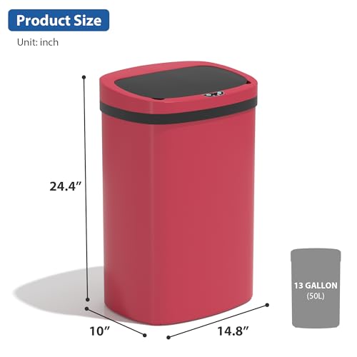 13 Gallon/50 L Kitchen Trash Can with Lid, Garbage Can with Touch-Free Lid, Cute Automatic Trash Can Bathroom Trash Bin, Motion Sensor Waterproof Trash Bin - color: Red, size: 1 Trash Can