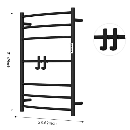 Electric Towel Warmer,8-Hour Timer and Multi-Stage Temperature Adjustment Wall Mounted Towel Rack,Plug-in/Hardwired Stainless Steel Heated Towel bar with 2 Hooks Bathroom SPA(Black, 7-Bar)