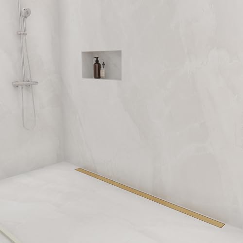 48 Inch Linear Shower Drain-Brushed Gold, with Tile Insert Grate | AISI 304 Stainless Steel Shower Drain, Rectangle Shower Floor Drain with Leveling Feet, Fits Bathroom & Balcony etc - color: Brushed Gold, size: 48 Inch