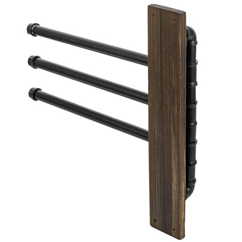 MyGift Wall Mount Swivel Towel Rack with 3 Tier Metal Pipe Bars & Wood Base | Swing-out design keeps towels organized and accessible while adding rustic industrial style to bathrooms, and pools areas - color: Burnt Wood / Black