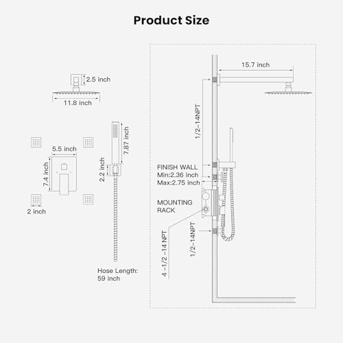 gotonovo Rainfall Shower System with Full Body Jets 4pcs Polished Chrome | 12’’ Rainfall Shower Head with Handheld Spray Combo,Wall Mount,Rough-in Valve and Trim Kit,Brass Body Message Jets,All Metal - color: Chrome