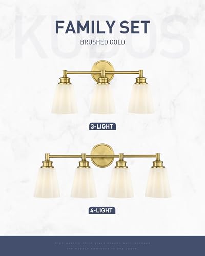 kudos 3-Light Brushed Gold Vanity Light, Milk White Glass Shade | 19" bathroom light fixtures over mirror, upward or downward, E26 base, bulbs not included, Hardwired, KDVL17-GD-ML-3 - size: 3-Light