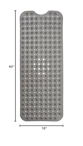 ENKOSI Non-Slip Bath & Shower Mat 40x16 Extra Long, Suction & Drain Holes | Clear Gray look; Durable PVC; 40x16 in, Clear Gray - color: Clear Gray