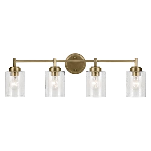 Kichler Winslow 4-Light Farmhouse Vanity Light, Natural Brass | Clear seeded glass vanity light with industrial styling (30" x 9.25" x 6.5"), 45887NBR - color: Natural Brass, size: 30"