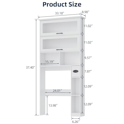 Vabches Over The Toilet Storage Cabinet with Transparent Door, Toilet Paper Storage Cabinet with Multi Layer Shelves Suitable for Bathroom, Laundry Room, Freestanding Bathroom Storage Rack, White