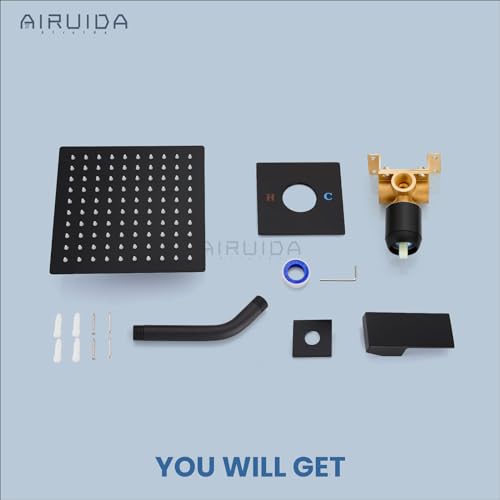 Airuida Matte Black Shower Faucet Set,8 Inch Shower Valve Kit | Square Showerhead,Female Thread Rough-in Valve,Bathroom Rain Shower System,Single Function Handle - color: Matte Black