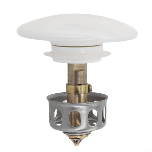 Bathroom Basin Drain With Strainer Basket For Countertop Bathtub, Brass And Ceramic Up Stopper(White) - color: White