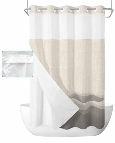 No Hook Shower Curtain and Snap in Liner Set, Grey Beige Ombre Bathroom Stall Shower Curtains 54x78 Inch, See Through Mesh Top Window, Minimalist Ocean Waves Linen Hotel Style, Washable Waterproof - size: 54"W x 78"L (Pack of 1)