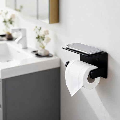 Toilet Paper Holder with Shelf, Heavy-Duty Stainless Steel Bathroom Hardware, Self-Adhesive No-Drill/Drill-Mount Wall-Mounted Roll Holder, Rust-Proof Bathroom Tissue Rack (Black) - color: Black