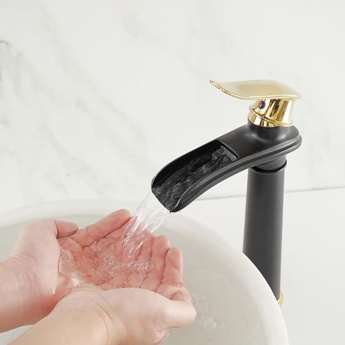 BWE Bathroom Vessel Sink Faucet,Black and Gold Waterfall Bathroom Faucet | Single Handle Tall Bathroom Faucet One Hole,Solid Brass Lavatory Vanity Mixer Tap with Pop Up Drain Assembly and Supply Hose - color: Gold and Black, size: 11.81 inch Vessel Versio