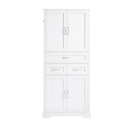 JIVOIT 70" Tall Bathroom Storage Cabinet with 4 Doors and 3 Drawers | Freestanding Linen Tower, Adjustable Shelves, MDF Board White Bathroom Organizer, Aluminum Alloy Hook, Space-Saving - color: White//56