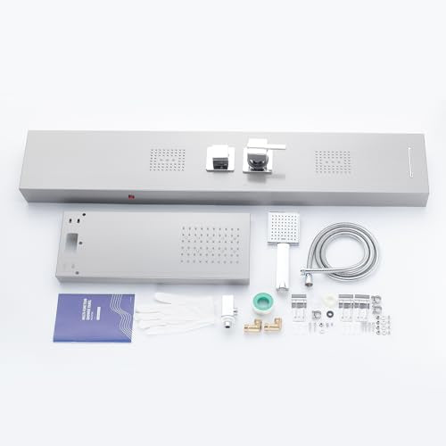 5-in-1 LED Shower Panel Tower System Stainless Steel Brushed Nickel | Rainfall head | 2-in-1 body jets | Handheld shower | Tub spout | LED lights | Wall mount - color: Brushed Nickel