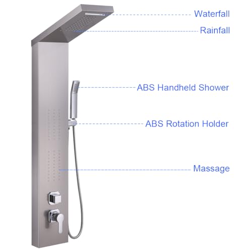 ELLO&ALLO Rainfall Waterfall Shower Head Rain Massage System with Body Jets Stainless Steel Bathroom Shower Panel Tower System, Brushed Nickel - color: Brushed A