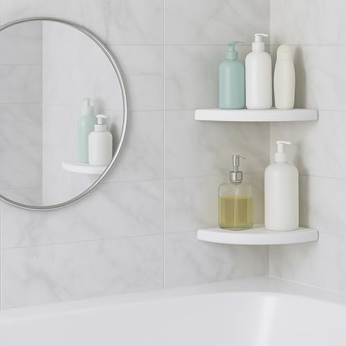 2 Pcs White Marble Corner Shower Shelf for Bathroom 9 x 9 Inch Wall Mounted Both Sides Polished Marble Corner Shelves Shower Caddy for Bathroom Wall(Classic) - style: Classic, Contemporary