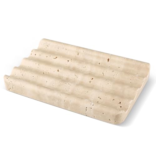 Karibiber Marble Soap Dish, Beige Travertine Bar Soap Holder Shower, Large Bathroom Soaps Saver, Easy Cleaning Natural Stone Sponge Holder for Kitchen Sink, Executive Jewelry Ring Tray - color: Travertino Romano