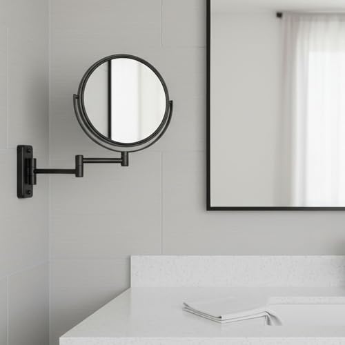 JERDON Wall-Mounted Makeup Mirror - 10X Magnification - Black - JP7810BK | 8" Round Frame, 13.5" Wall Extension Arm - color: Black, size: 10X Magnification