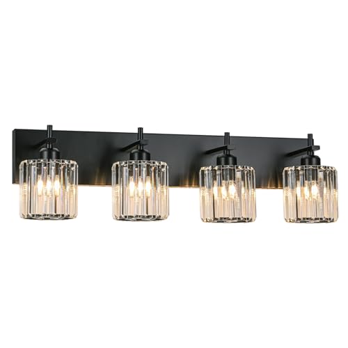 Black Crystal Bathroom Vanity Lights, Modern 4-Lights Bathroom Lighting Fixtures Over Mirror, Crystal Wall Lighting with Round Shade - color: Black-Round Shade, size: 4-Light