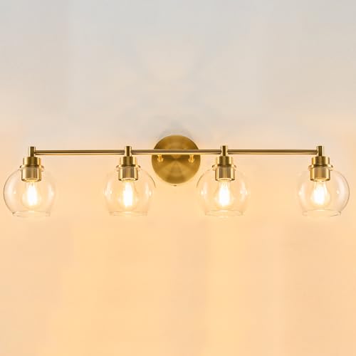 VONLUCE 4 Light Bathroom Vanity Light Fixtures, Gold Finish | Globe Glass Shades, E26 Sockets, Easy to install, Vanity Lights for Bedroom Hallway Living Room - color: Gold, size: 4-Light