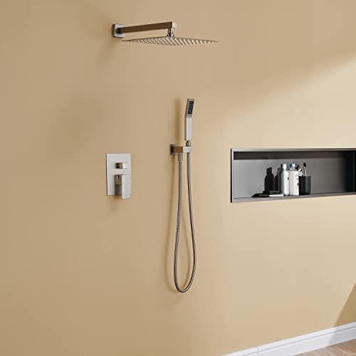 Rain Shower System 12 Inches Shower Combo Set Brushed Nickel Wall Mount Faucet Bathroom Faucets with Rainfall Shower Head and Hand Shower