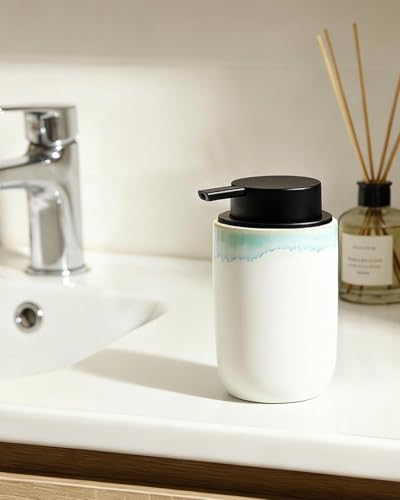 BosilunLife Hand Soap Dispenser for Kitchen, Bathroom Countertop | Foam Soap Dispenser Bathroom Ceramic Dish Liquid Soap Dispenser (White with Blue-Green Rim Liquid Pump) - color: White With Blue-green Rim