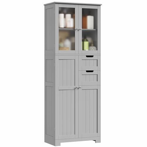 BOTLOG 67'' Tall Bathroom Storage Cabinet with Adjustable Shelf | Frosted Glass Doors, Wood Drawers, Kitchen Pantry Line Cabinet for Kitchen Bathroom, Living Room, Grey - color: Light Grey