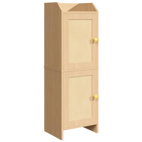 Rattan Narrow Bathroom Storage Cabinet, 7.9''D x 9.8''W x 29.5''H, Toilet Paper Storage Cabinet with 2 Doors & Adjustable Shelf, Space-Saving Bathroom Organizer for Small Spaces, Natural Oak