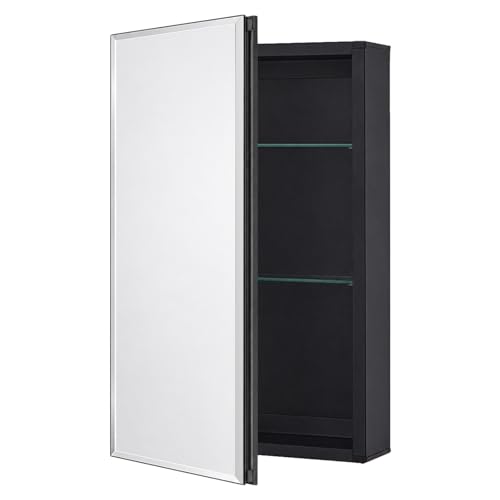 14 x 24 Black Aluminum Medicine Cabinet with Mirror, Recessed/Surface Mount | Bathroom Medicine Cabinet, 2 Adjustable Glass Shelves, Double-Sided Beveled Mirror Door, Soft-Close Hinge, Reversible Swing