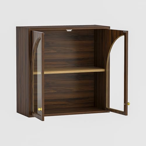 Wall Medicine Cabinet with Arched Acrylic Door, Large Modern Wall Mounted Bathroom Storage with Adjustable Shelf, Wooden Floating Over Toliet Cabinet for Bathroom, Living Room, Brown - color: Brown