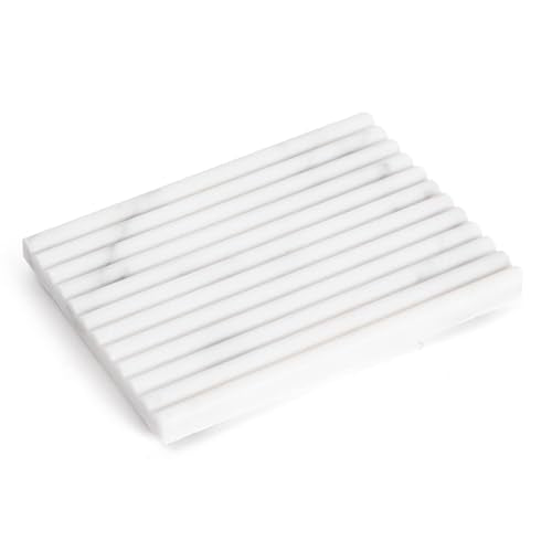 Soft White Marble Soap Dish, Rectangular 4.7"x3.5" White Stone Bar Soap Holder for Shower, Bathroom Soap Saver with Self Draining Grooves, Modern Marble Soap Tray Sponge Holder, Keep Bars Dry - color: Soft White