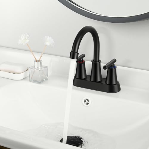 Herogo Matte Black Bathroom Sink Faucet for 3 Holes, 4 Inch Centerset Bathroom Faucet 2-Handle with Pop-Up Drain & Supply Hoses, 18/10 Stainless Steel, for RV Vanity Lavatory - color: Matte Black, style: Cylindrical Handles