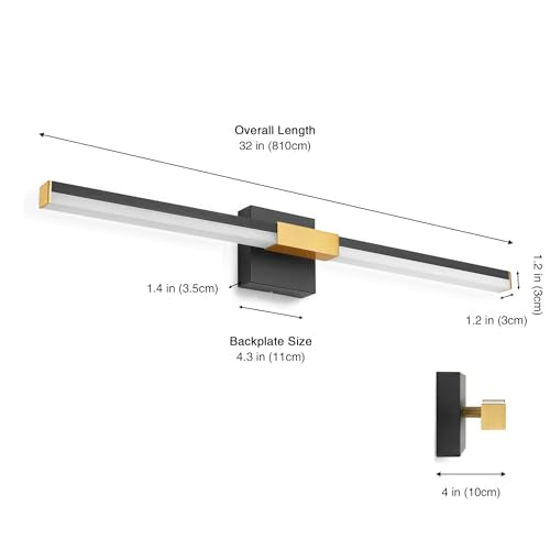 SOLFART Bathroom Lighting Fixtures Over Mirror: 32-Inch Black and Gold Dimmable Built-in Step Dimming Vanity Light ETL IP44 - color: Black Gold-6000K, 5-Step Brightness Control, size: 32 inch