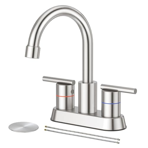 Faustina Brushed Bathroom Faucet, 4 Inch Centerset Faucets for Sink 2 Holes 3 Holes,Two Handles 304 Stainless Steel Bathroom Sink Faucet with Pup up Drain and 2 cUPC Water Supply Lines for RV Vanity - color: Brushed, style: Modern Centerset