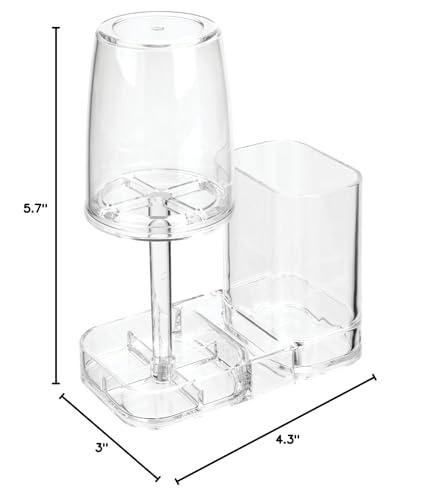 mDesign Modern Plastic Bathroom Vanity Countertop Toothpaste & Toothbrush Holder Stand with Rinsing Cup/Cover - Dental Center Holds Electric Toothbrushes - Clear