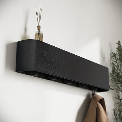 Kazai. Wall-Mounted Coat Rack 'Toke' - Modern Design Coat Rack with Hidden Wall Hooks - Solid Wood Veneer Panel Coat Hanger - Oak, Black - color: Oak, Black, size: 5 Hooks